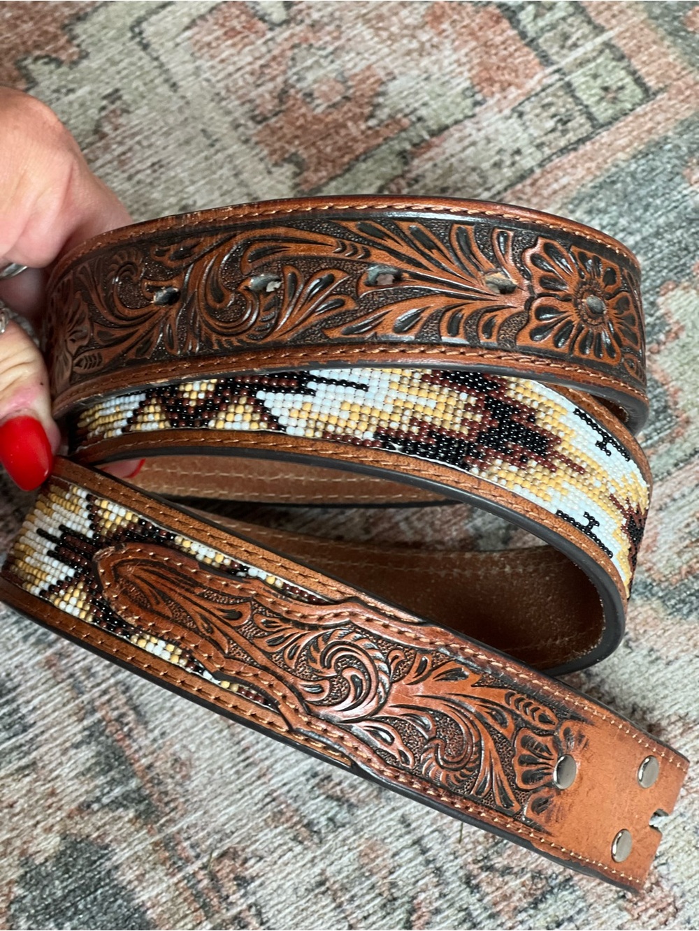 Nocona Tooled Leather & Beaded Western Belt
